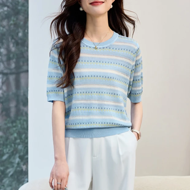 圆领薄款短袖T恤女夏季新款爆款减龄小衫时尚高级感冰丝针织上衣