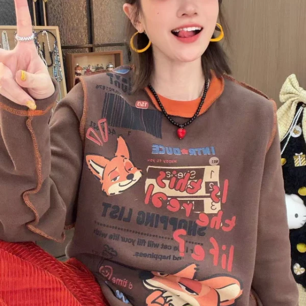 【狐狸兔子】秋冬季加厚磨毛卡通印花设计感潮流宽松休闲时尚T恤女