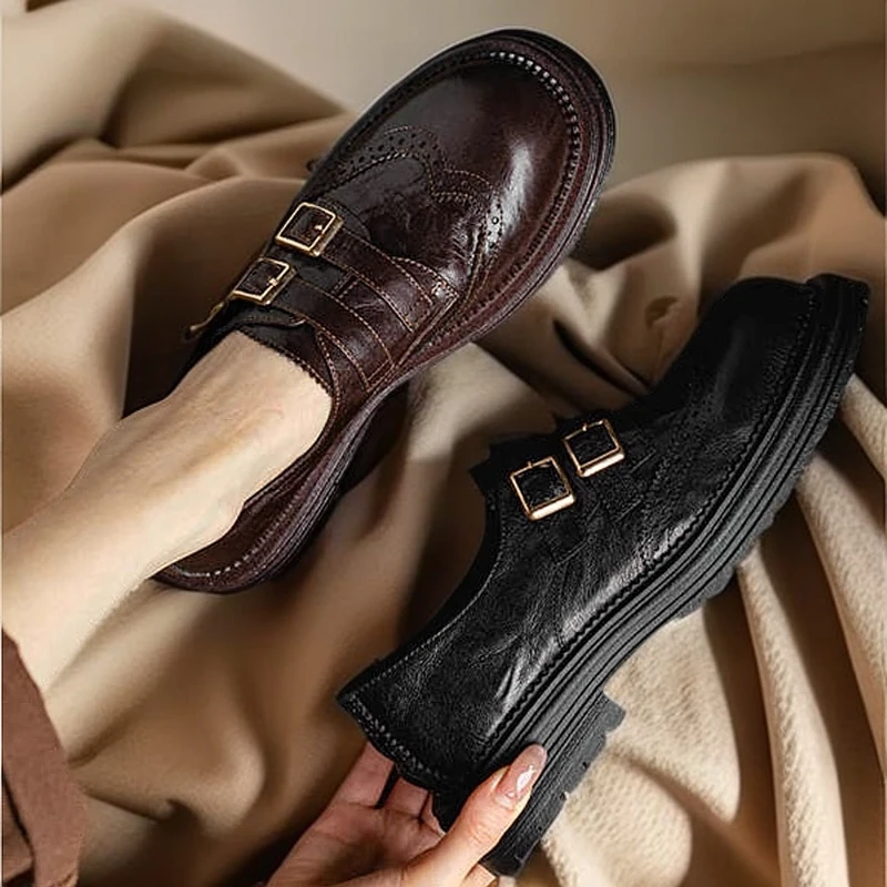 手抓真皮！巨软2025新款布洛克真皮单鞋女厚底小皮鞋英伦风乐福鞋