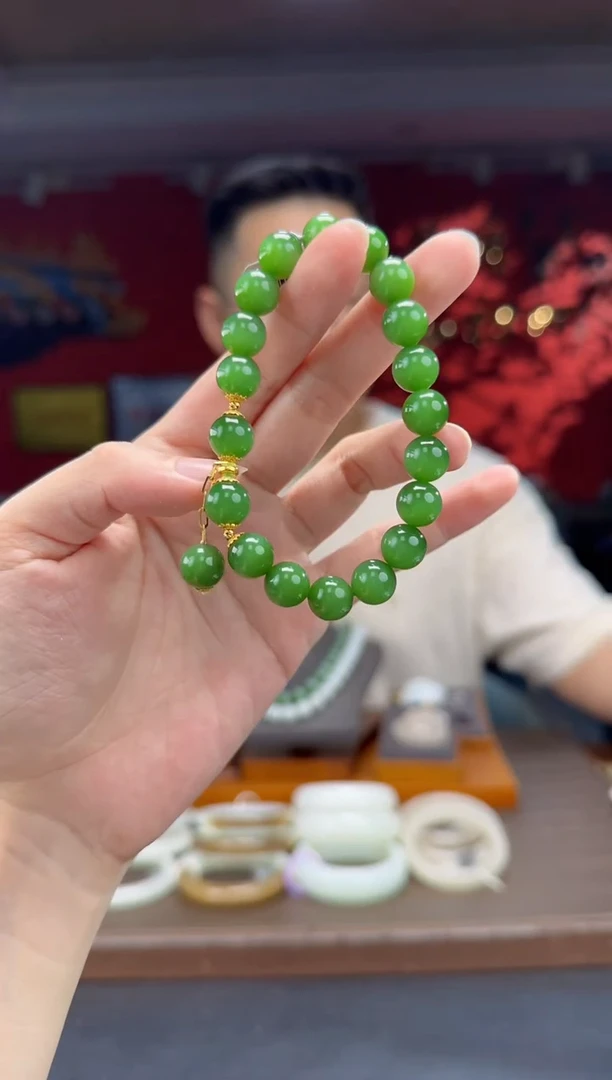 18K金镶嵌手串和田玉碧玉粉绿diy单圈手串