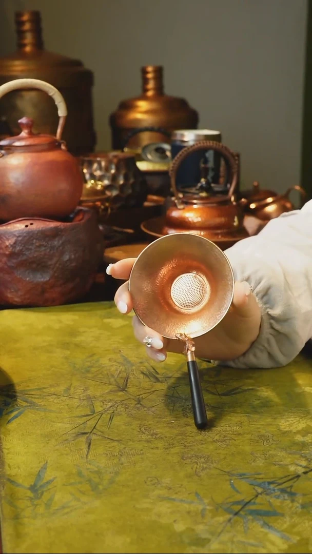 纯紫铜原色木柄茶漏