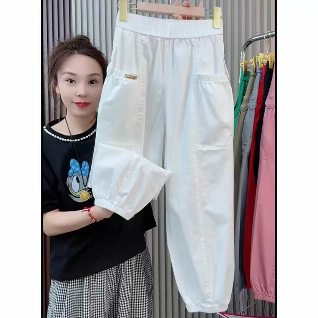 百搭休闲裤女2025年夏季新款高腰显瘦弹力哈伦宽松束脚九分灯笼裤