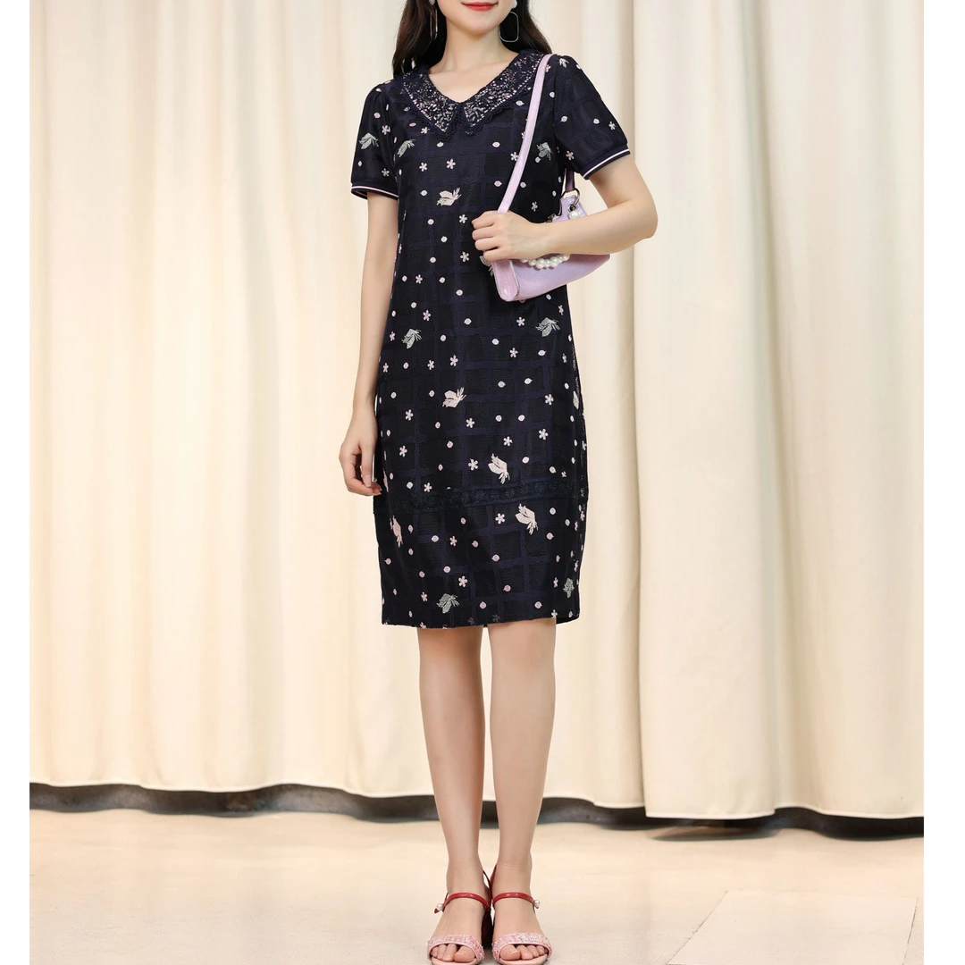 【黛蓝羞春】轻奢重工蓝粉刺绣连衣裙#yb52728H-44夏季妈妈装