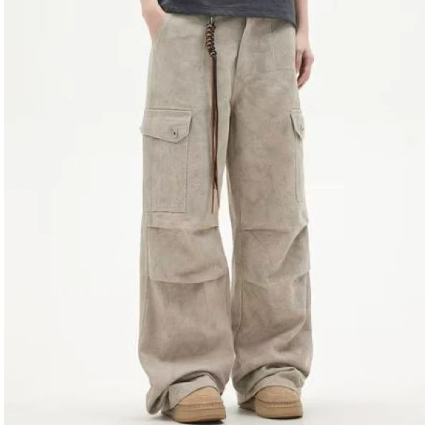 【小鱼】美式复古大理石暗纹口袋直筒阔腿工装裤男女Cargo伞兵裤