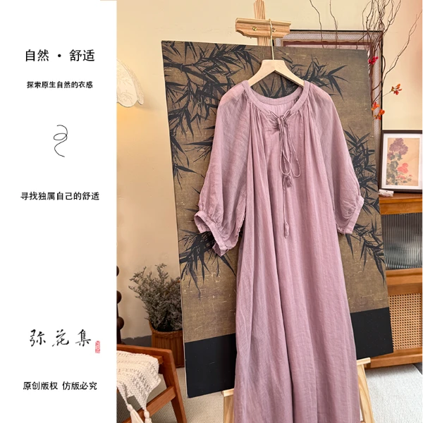 【花满溪】鹿知瑶春夏苎麻舒适宽松v领系带双层花朵连衣裙