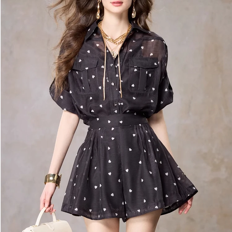 【白姐专属】AUI显瘦设计师衬衫裤子波点黑色碎花时尚套装-2025041