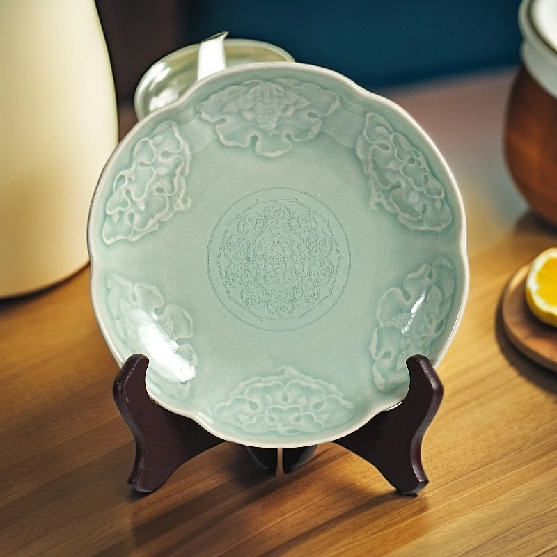 宋品天耀耀州窑7英寸花舞大唐花口盘高温青瓷莲瓣酒店创意中餐盘
