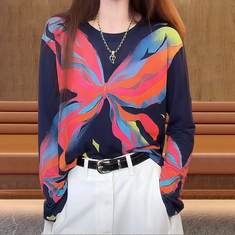 彩色多巴胺蝴蝶印花防晒T恤上衣夏季新款小众时尚设计感长袖T恤女