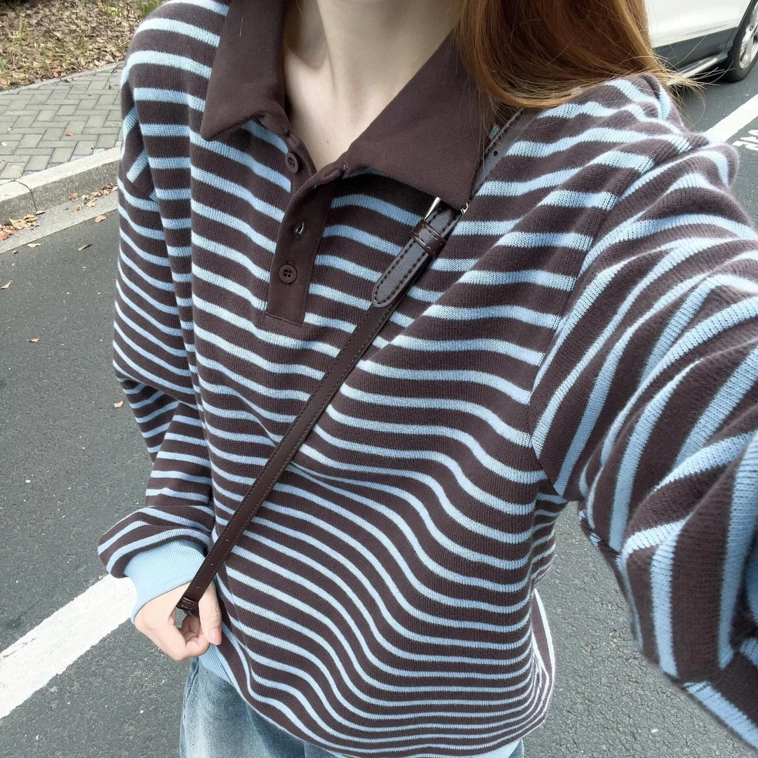 【升级面料】韩系学院风条纹翻领卫衣女秋百搭撞色宽松休闲长袖上衣