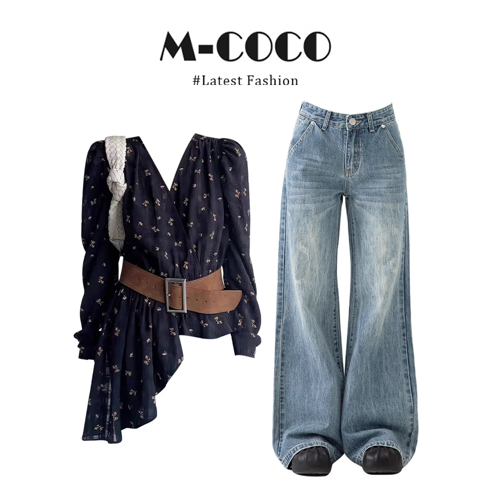 INS CEC秋季轻熟风不规则长袖碎花衬衫时尚百搭气质牛仔裤套装