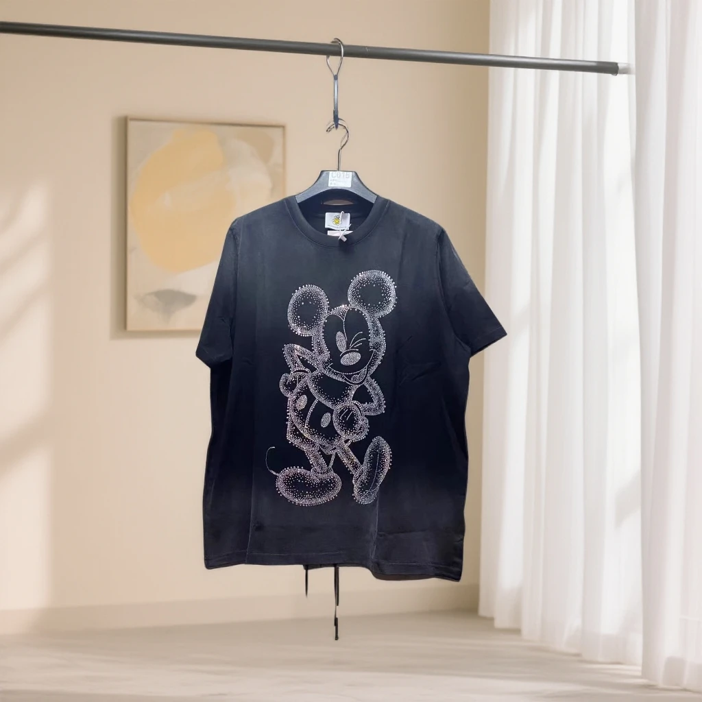 太阳花冬季新款大码圆领中长款宽松版水洗草色重工烫钻米奇8213