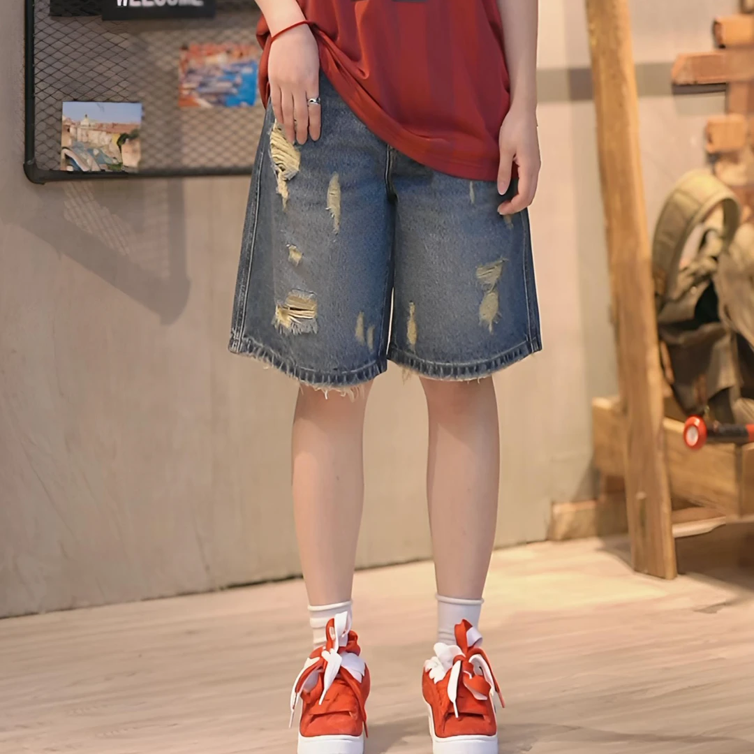 Lahamo/癞蛤蟆大牌同款夏季薄款潮牌破洞男女宽松牛仔中裤5288