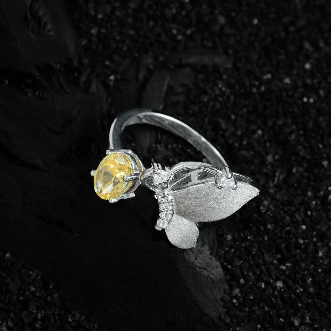 足银戒指 足银990黄色合成锆石蝴蝶戒指潮流小众手圈可调（JZ9798)