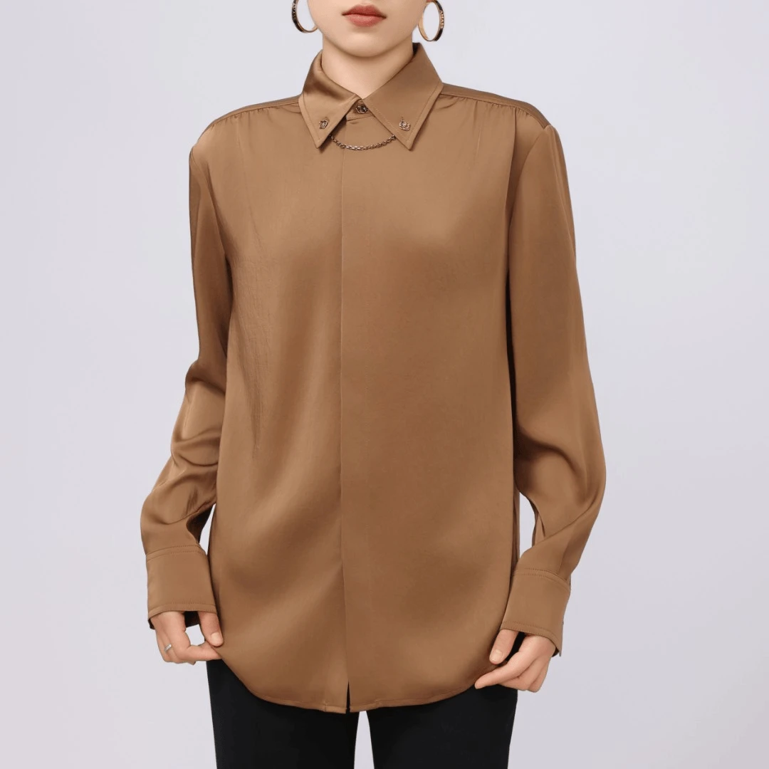 AMASS/阿玛施 秋季新中式气质色丁长袖女衬衣附金属链扣女5300988