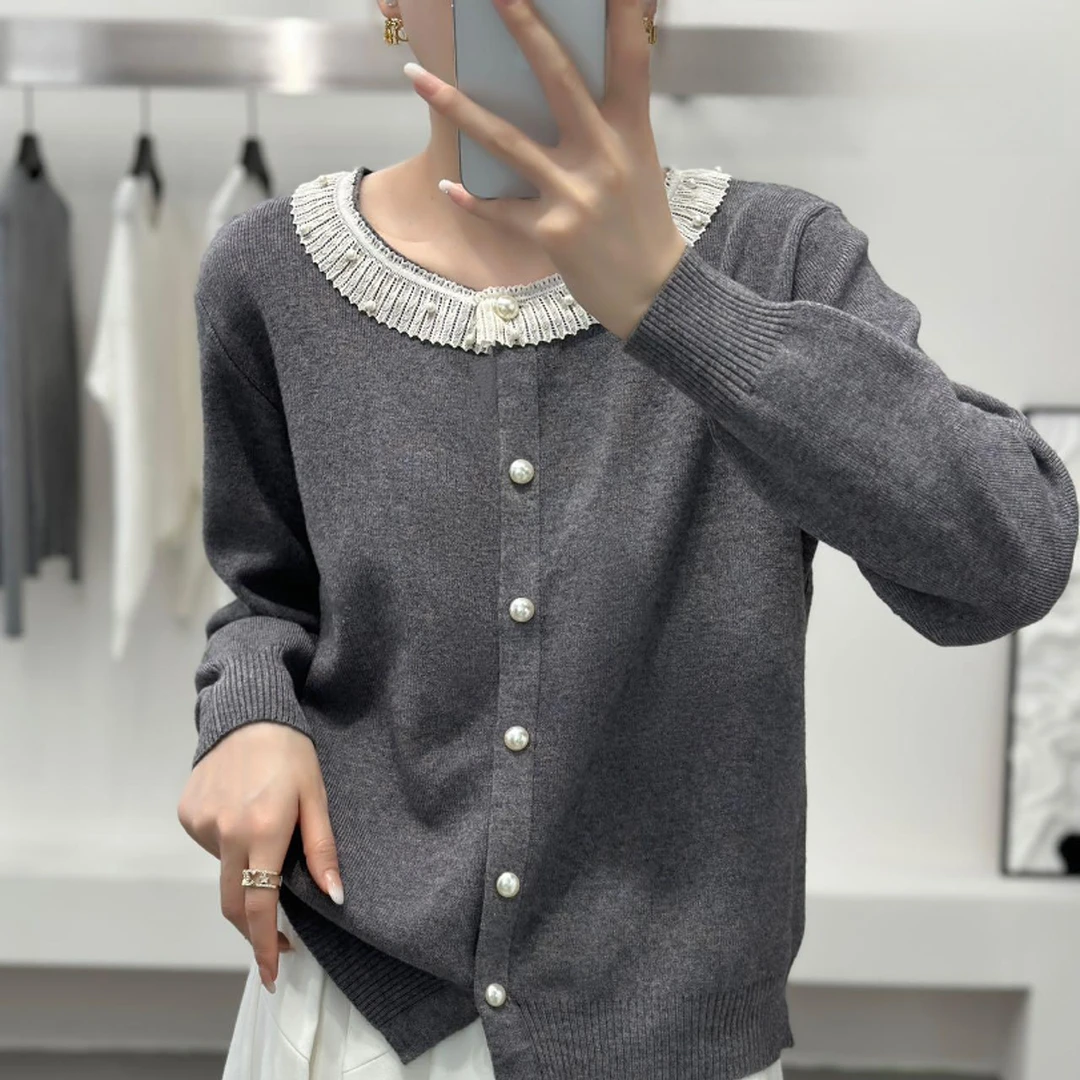 花边领口设计纯色针织开衫打底单穿秋冬保暖柔软亲肤减龄圆领上衣