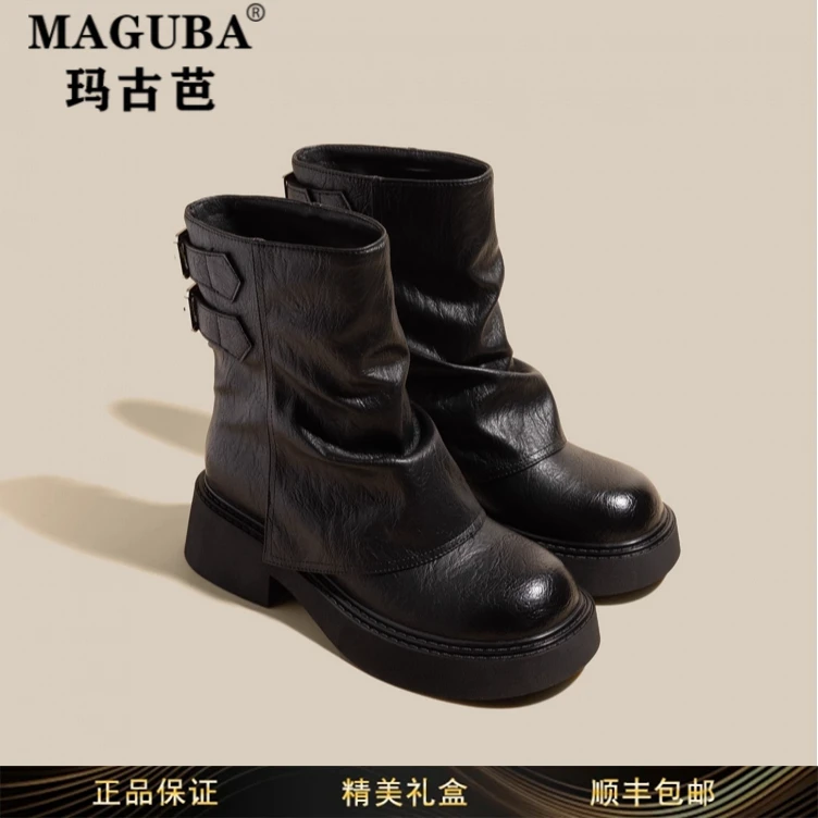 玛古芭女鞋真皮防水厚底高跟马丁靴女复古新款百搭内增高短筒靴子