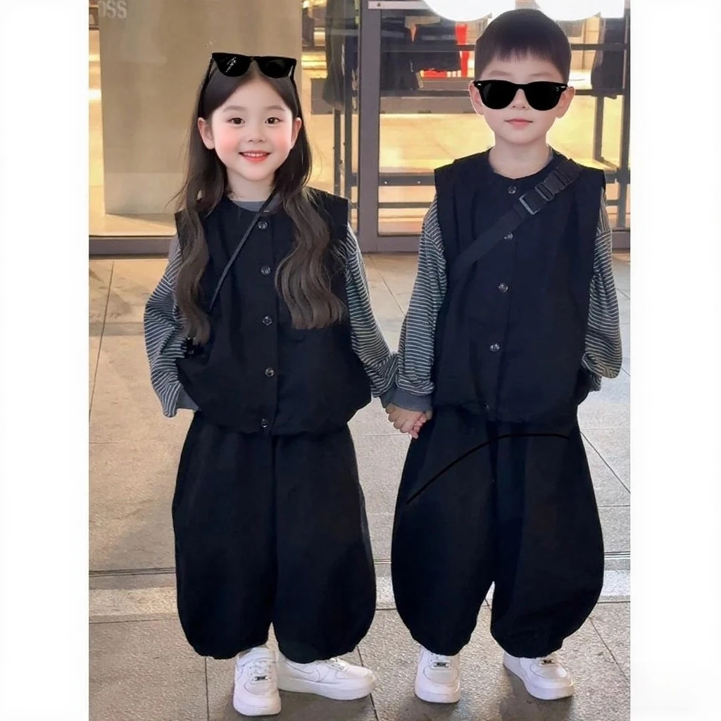 儿童套装秋季新款男女童洋气兄妹马甲坎肩T恤休闲束脚裤三件套潮