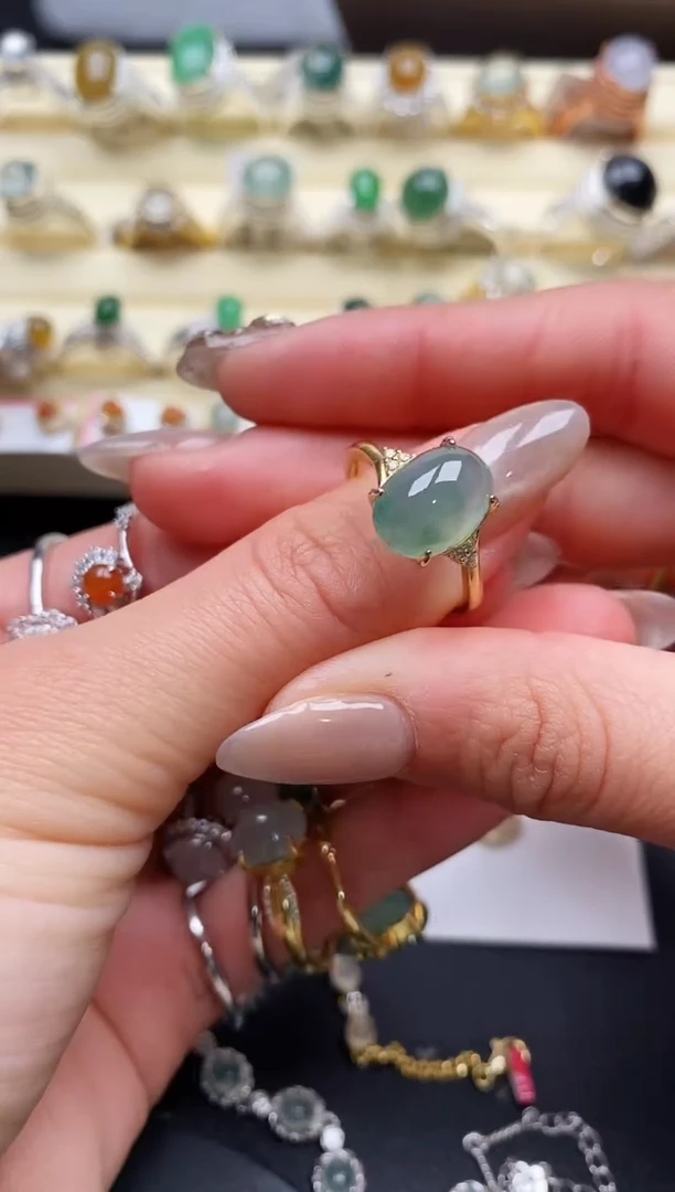 【闪购商品】翡翠戒指银S925镶嵌缅甸天然A货翡翠44  7-3