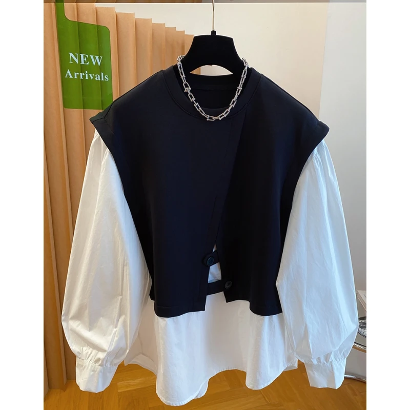 欧货独特别致格子衬衫拼接卫衣2025新款宽松高级感假两件上衣女秋