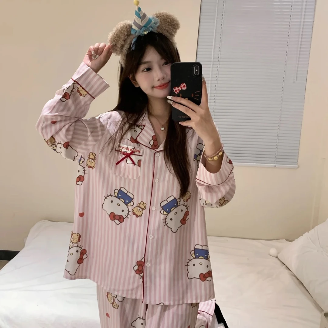 特大码胖妹家居服套装长袖长裤卡通睡衣秋云朵棉宽松190斤穿翻领