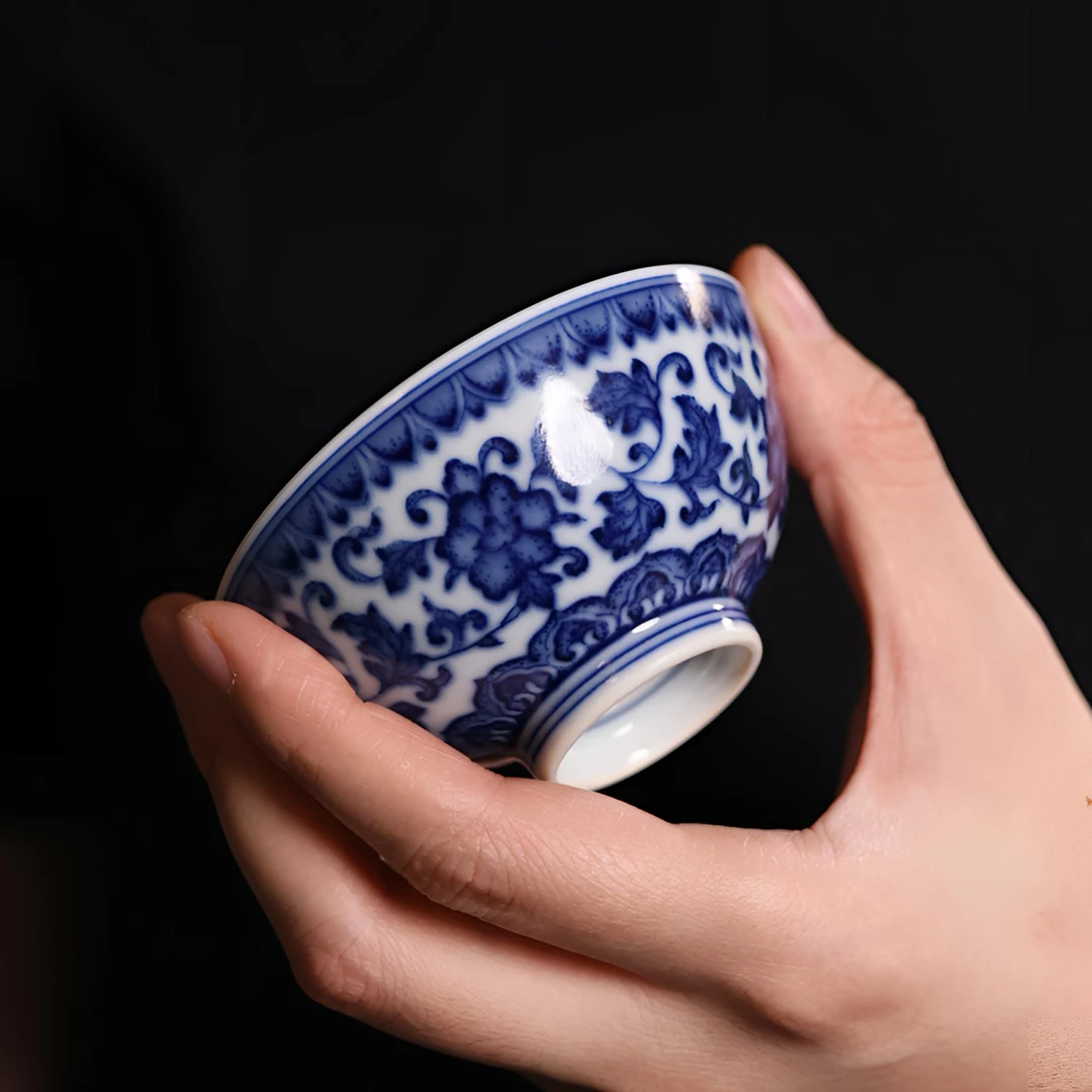 柴窑仿清青花缠枝莲主人杯普洱杯约60CC茶杯陶瓷