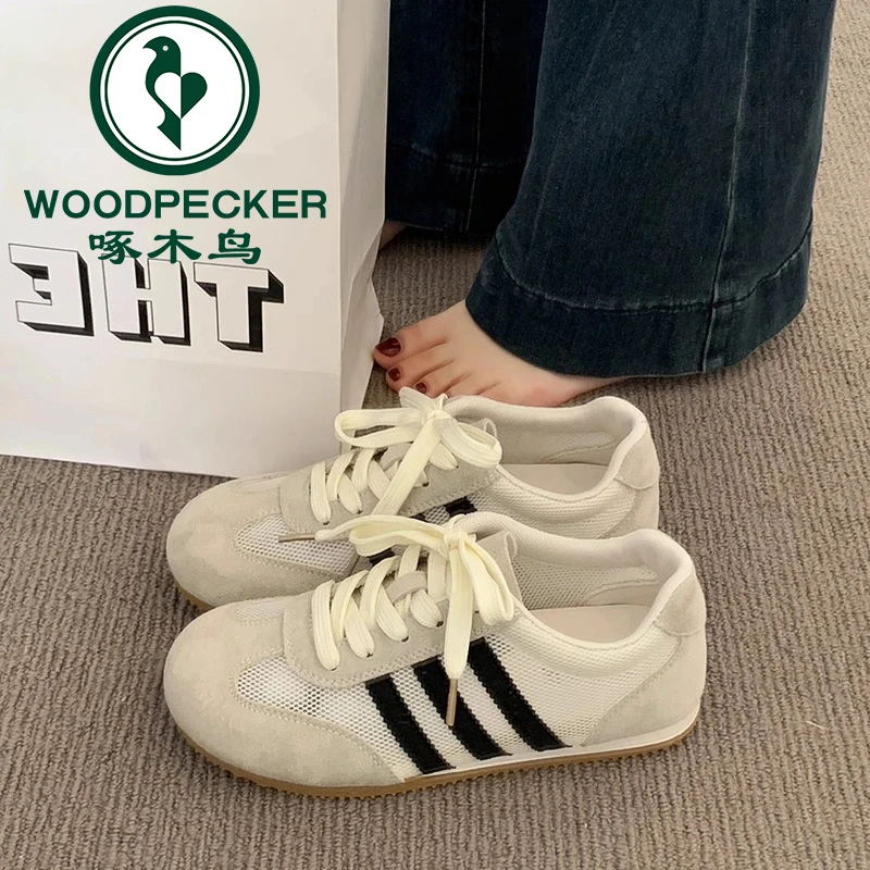 啄木鸟网面透气德训鞋女2025新款夏季薄款平底阿甘鞋运动休闲板鞋