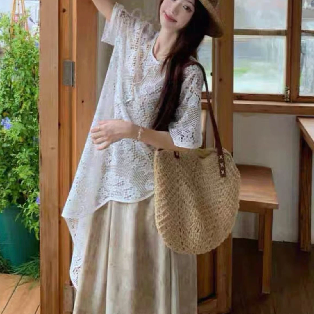 婷婷家复古镂空罩衫连衣裙女夏季2025新款宽松叠穿不规则裙子套装