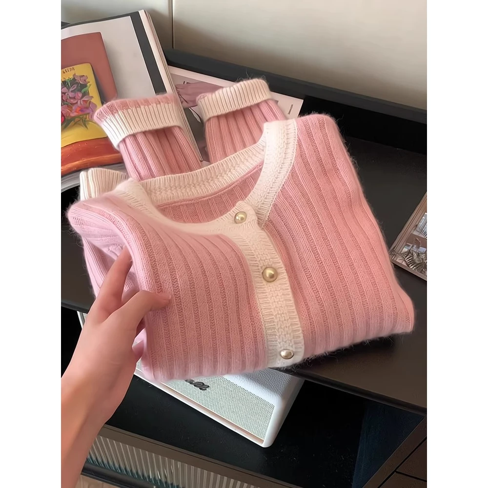 2025秋季高端欧货小香风粉色针织开衫软糯洋气减龄毛衣外套