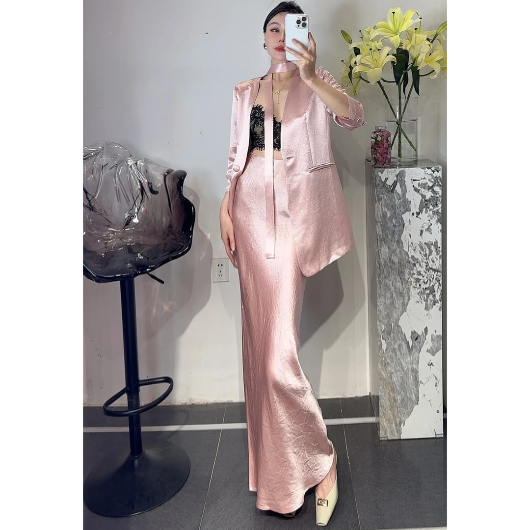 ZEROYK高级感时尚套装简约气质职业装夏醋酸西装半身裙飘带三件套