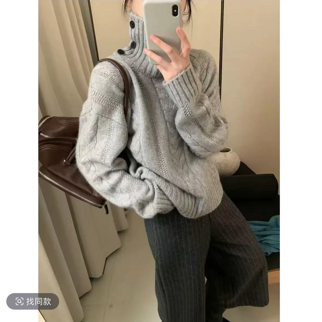 BB-8823高领三扣麻花纹理时尚百搭毛衣
