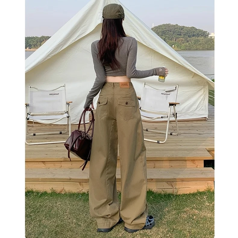 美拉德高腰阔腿弯刀牛仔裤女春季新款宽松垂感直筒工装休闲裤
