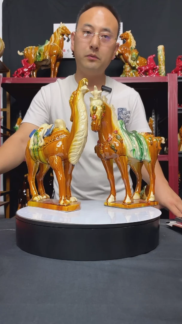 陶瓷三花马+满载而归驼，1对，黄色中号