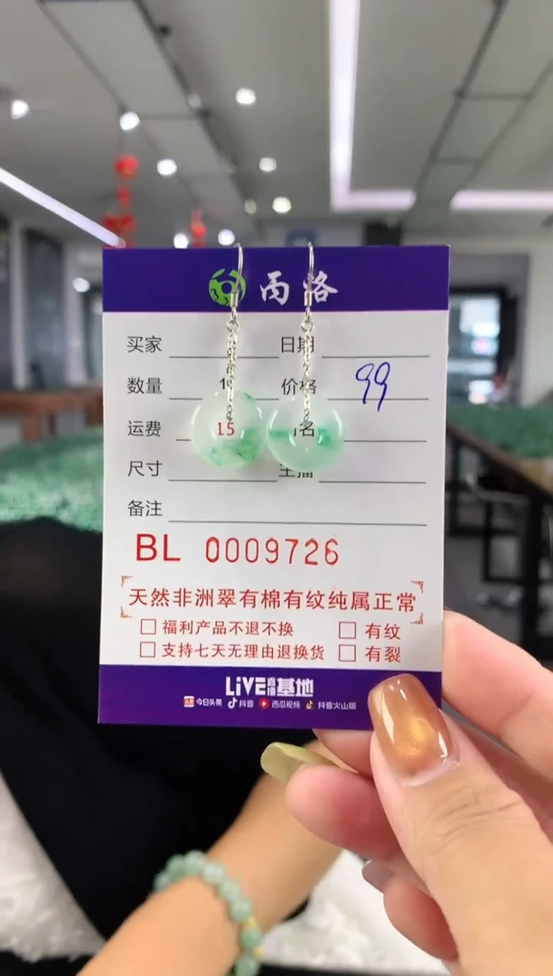 石英质玉（非洲翠）银S925镶嵌耳饰9726