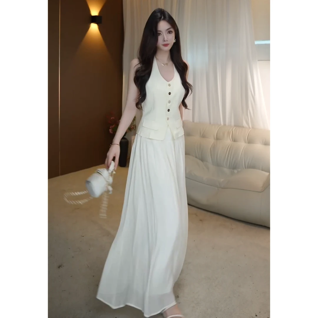 Yh定制【优雅知性】职场纽扣V领外穿马甲背心+ 大裙摆套装X042