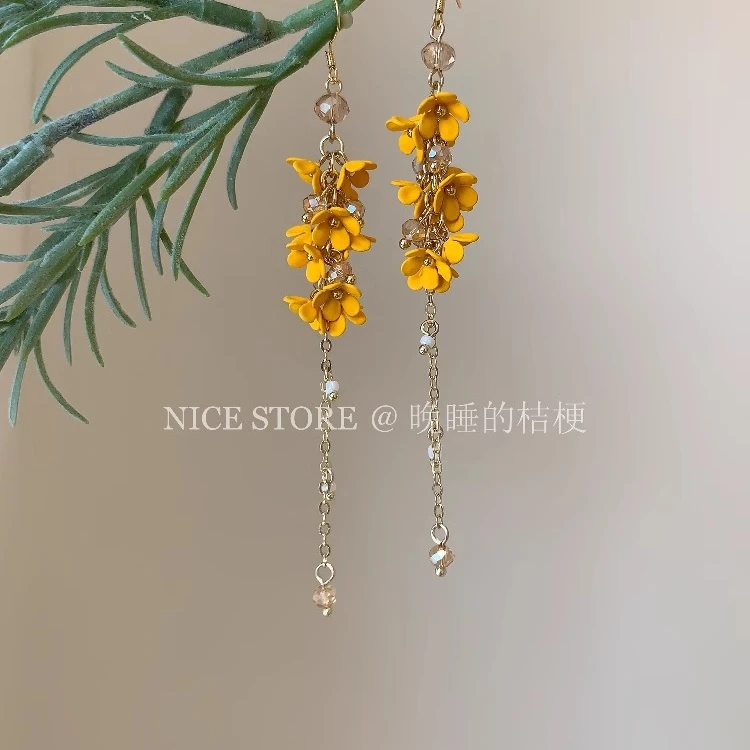 铜合金耳饰 晚睡的桔梗「迎春」超仙长款桂花流苏耳环森系度假耳饰