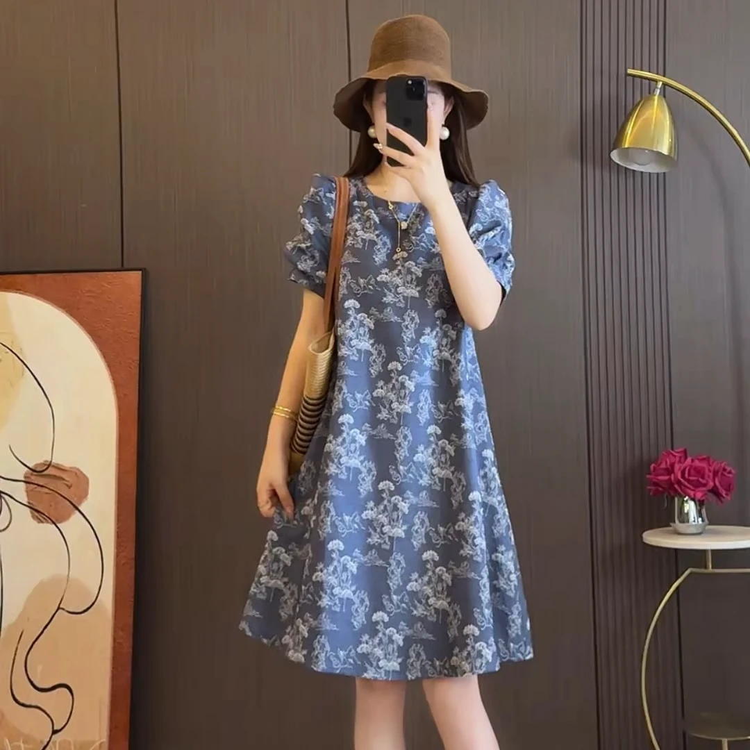 夏季复古设计师款蓝色碎花圆领泡泡袖女装连衣裙B928