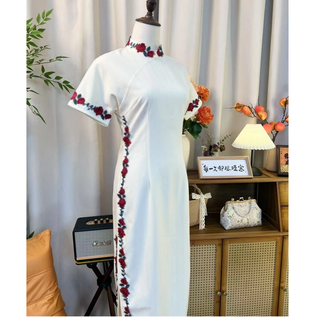 晴曦原创【玫瑰夫人】长118老布夏季新款刺绣包边高品质旗袍