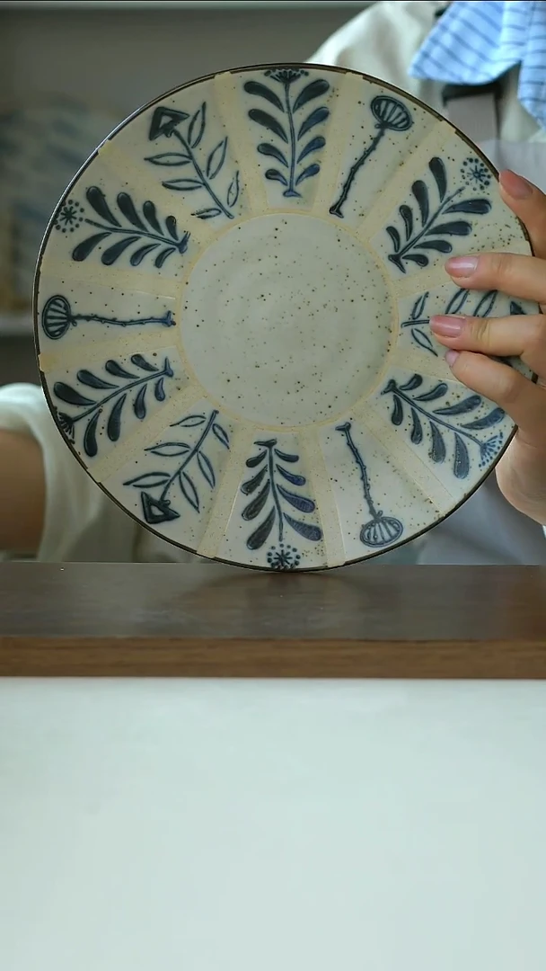 陶瓷手作青花百草花早餐盘21cm@4-2@