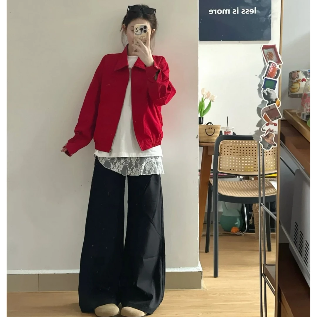 红色哈灵顿风格工装夹克男女秋季新款基础百搭休闲短款宽松外套潮