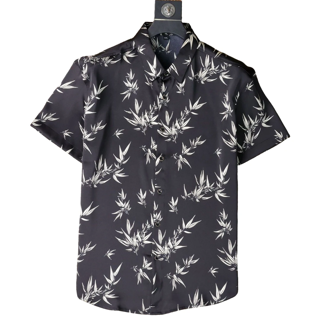 2025新款国风竹叶印花男士高端衬衫休闲时尚复古百搭潮流短袖衬衣