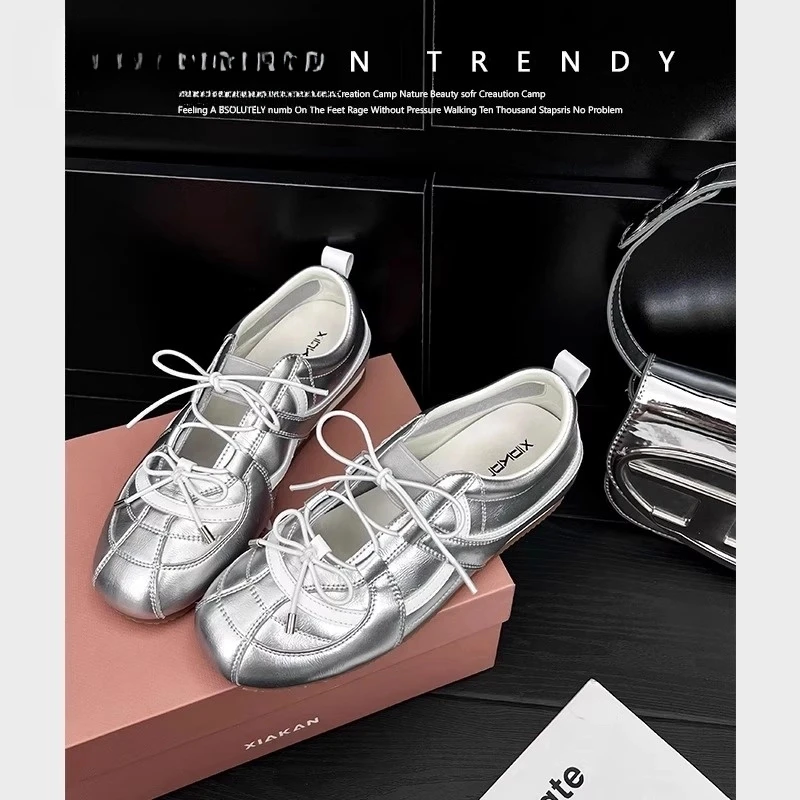 品牌运动银色玛丽珍鞋懒人单鞋女2025年新款内增高5cm芭蕾德训鞋