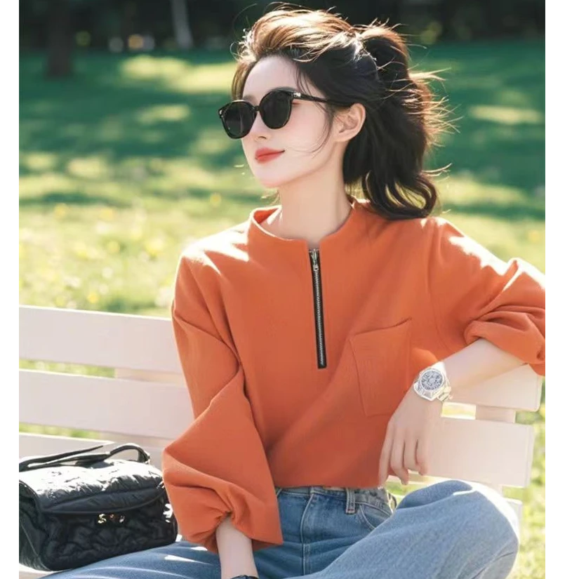 南瓜橘色立领半拉链短款卫衣女秋冬小众设计感橙色半高领内搭上衣