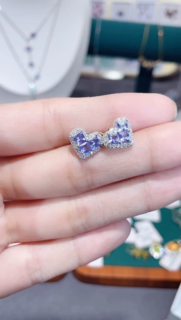 耳饰银S925镶嵌坦桑石天然宝石