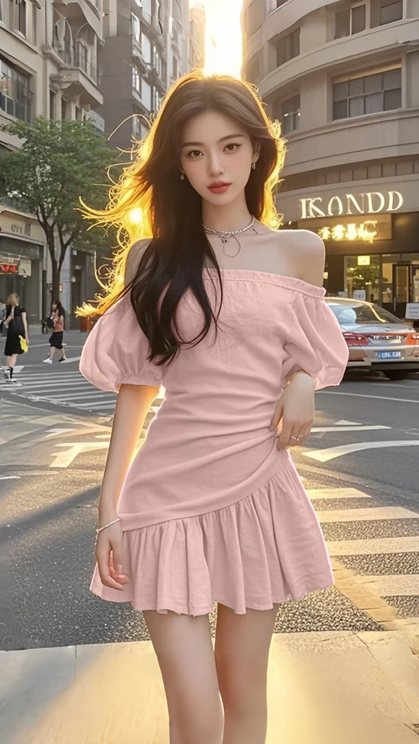 新款夏日氛围感穿搭粉色一字领抹胸收腰连衣裙女小众时尚气质显瘦