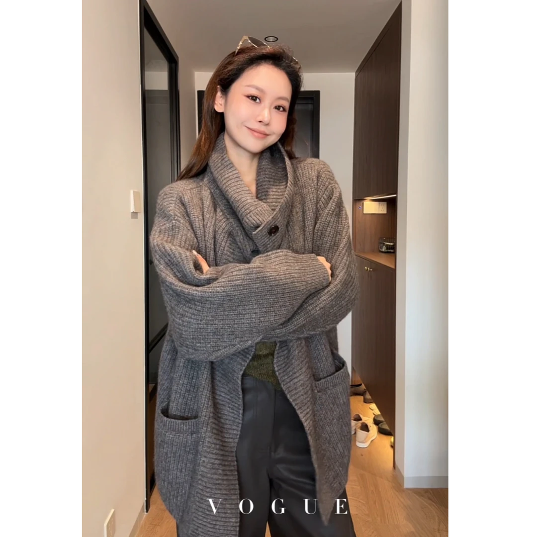 慵懒风灰色毛衣开衫女秋冬高级感软糯韩系翻领宽松针织衫上衣外套