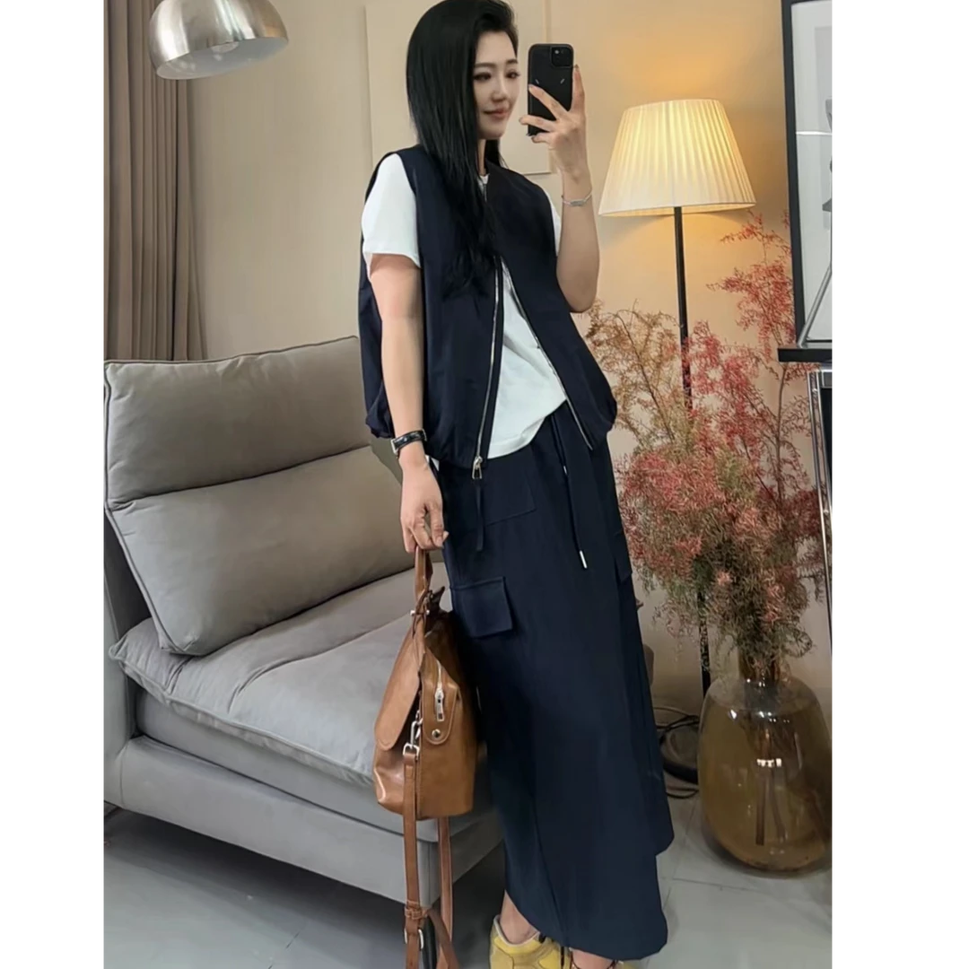 春夏韩版女装胖mm宽松圆领无袖背心马甲工装裙显瘦气质三件套休闲