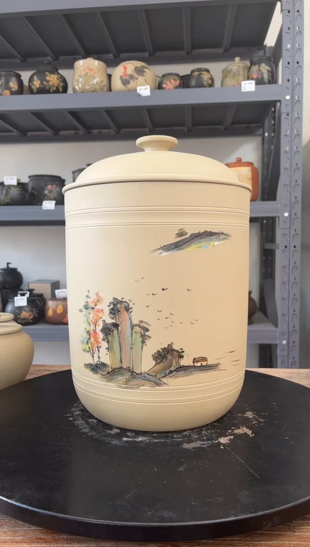 建水紫陶白泥彩绘精品茶罐A217
