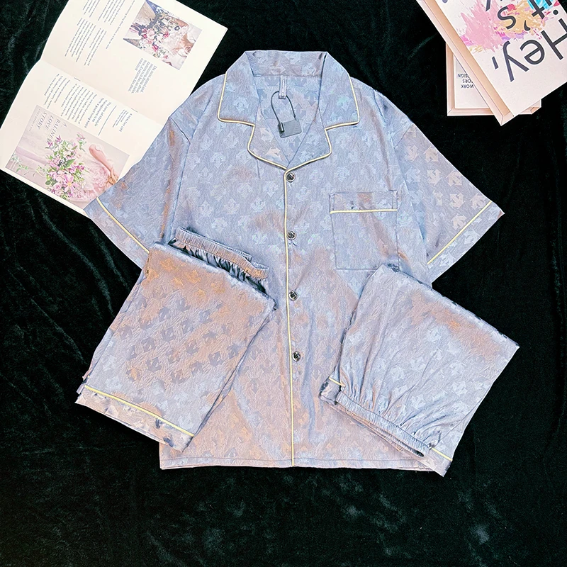 橙 男款柔软冰雪丝睡衣男士三件套短袖短裤长裤夏季宽松