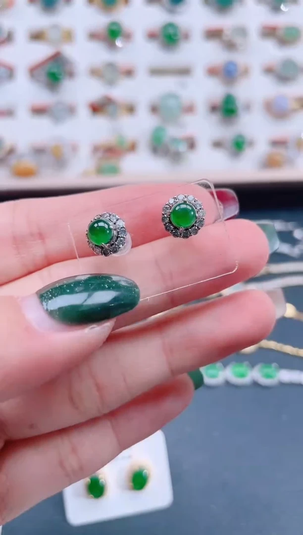 银S925镶嵌翡翠耳饰天然翡翠