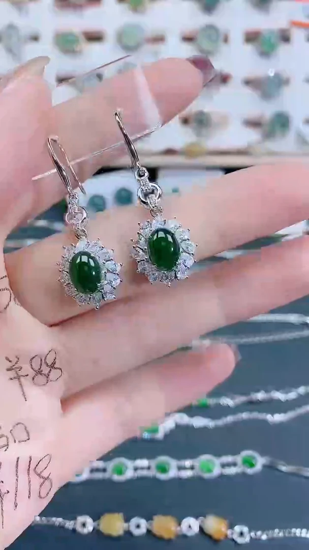 银S925镶嵌翡翠耳饰天然翡翠
